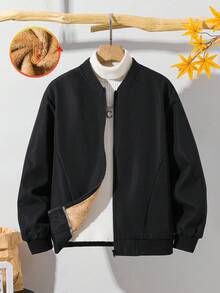 SHEIN Tween Boy Thermal Lined Zip-Up Baseball Jacket, Can Be Worn With Halloween Sweatshirt, Fall Sweatshirt, Shirt, Jogger Pants, Suitable For Commuting, School, Casual, Sports, Autumn/Winter