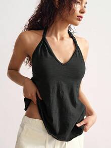 Bohemela Damen Lässig einfarbiges Strick Loose Fit Tank Top, Damen Tank Tops Sommer, Damen Boho Tank Top, Damen Trägertops - Schwarz - Übersicht 6