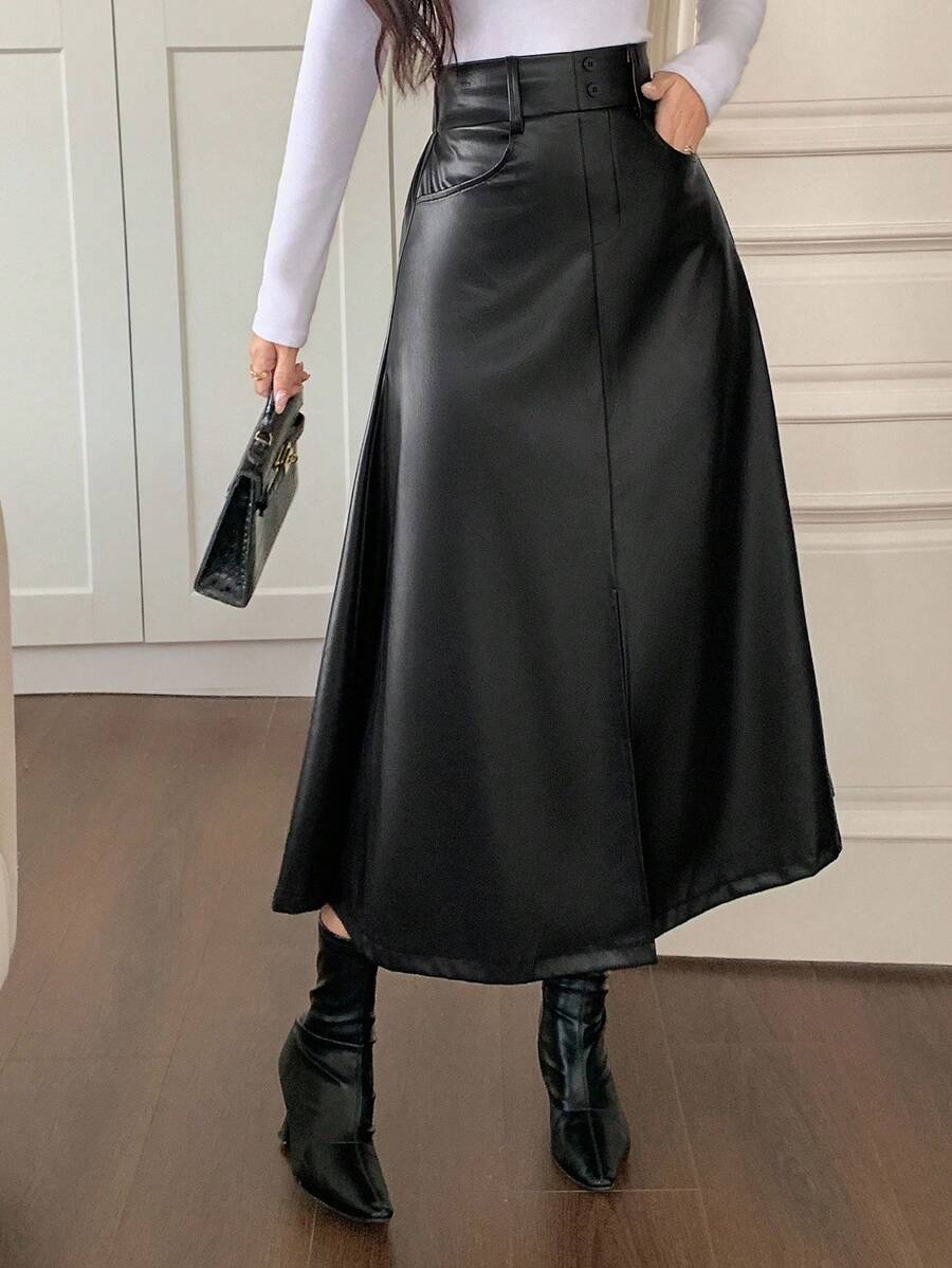 DAZY Falda larga elegante de cintura alta con abertura en A, de piel sintética (PU) para otoño e invierno - Negro - Ver 1