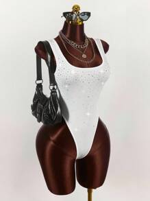 Amplova Rhinestone Embellished Sexy Bodysuit For Women, Party Wear White Bodysuit - Multicolor - View 4