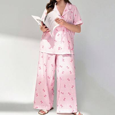 2개 플러스플러스 사이즈 체크무늬 리본 프린트 탑 앤 팬츠 세트