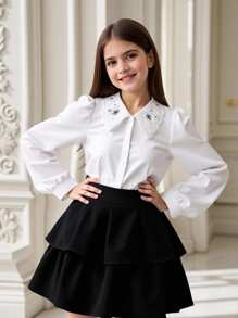 Áo sơ mi trơn màu đơn giản, ve áo đơn hàng khuy thông thường dành cho bé gái tuổi mới lớn - trắng - Xem 1