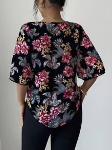 Elenzga 女式花卉印花宽松休闲短袖衬衫 - 彩色 - 查看 2