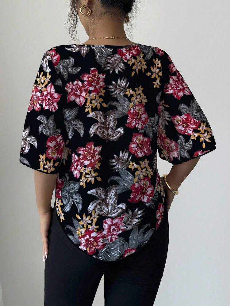 Elenzga 女式花卉印花宽松休闲短袖衬衫 - 彩色 - 查看 2