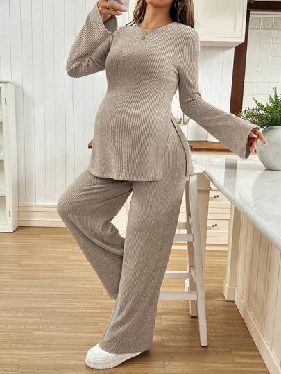 SHEIN 2 Stücke Umstandsmode Lässig Gerippter Langarm Top & Hose Set Herbstkleidung Langarm Herbstkleidung Umstandsmode Zwei-Teiler Set Strick Zwei-Teiler Set Zwei-Teiler Set Damen Bequem 2 Teile Loungewear Sets Damen Umstandsmode Zwei-Teiler Anzüge Bequemes Zwei-Teiler Set