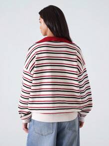 LYSMO 2025 Nuevo Llegado Minimalismo Otoño Mujer Casual Suéter Holgado de Punto con Cuello en V a Rayas para Maestras, Aeropuerto y Viajes para Mujeres para Salir, Volver a la Escuela, Graduación, Ropa de Calle, Grunge y Punk Chic, Estilo Y2K y Estocolmo, Mujer Audaz y Única