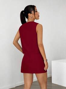 SHEIN EZwear 女士勃艮第色单排扣背心和裙子休闲两件套 - 酒紅色 - 查看 2