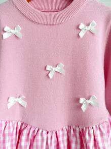 SHEIN Girls' Pink Autumn Holiday Party Knitted Dress,Back To School Plaid Patchwork Sweet Soft Warm Yarn Outfit With 3D Bow,Comfortable Versatile Clothes - Pink - View 7