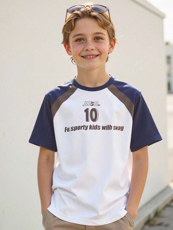 JNSQ Back To School Casual Outdoor Sports Short Sleeve T-Shirt, Kids Round Neck Patchwork Contrast Color Funny Letter Print Outdoor Leisure Sports Short Sleeve T-Shirt Top