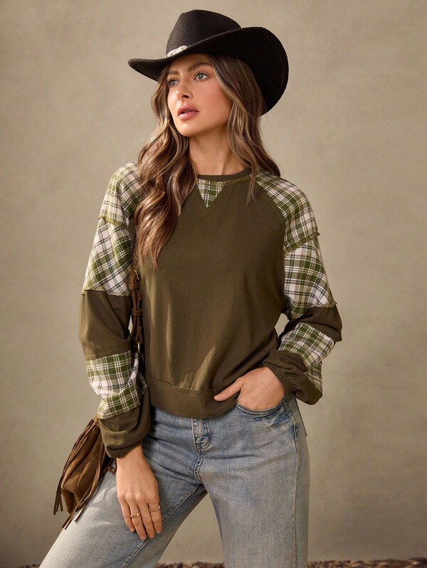 Wildy Casual American Country Style Basic Green Plaid Patchwork Long Sleeve Sweatshirts Plaid Tops Fall Tops Women Winter Tops For Women Green Plaid Top Women Plaid Sweatshirt Country Concert Western Wear Women Teacher Going Out