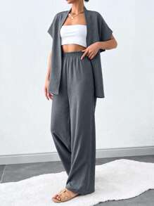 SHEIN Tall 女款 2 件套：短袖上衣與繫帶長褲，適合高個女性 - 深灰色 - 查看 3