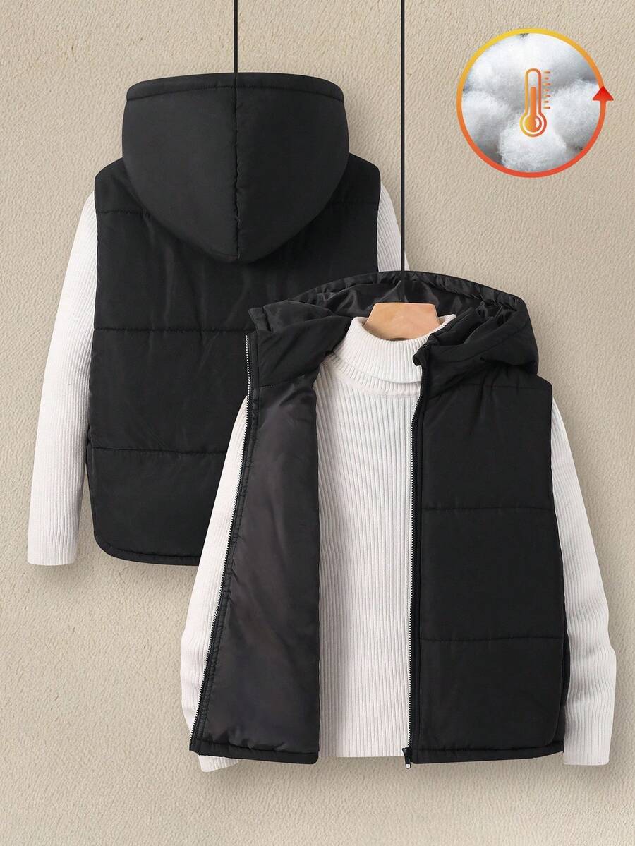 Tween Girl Casual Everyday Versatile Thick Sleeveless Hooded Open Front Solid Color Woven Vest Jacket Fall Winter - Black - View 1