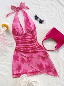 Soleia Beach, Music Festival, Summer Holiday Floral Print Halter V-Neck Tie Neck Mesh Ruched Romantic Vacation Dress For Women,Summer Dresses For Women;Autumn And Winter;Back To School;Homecoming;Concert;Halloween;Christmas;Teacher;Night Out  Going Out Tops;Cute;Sexy;Graphic
