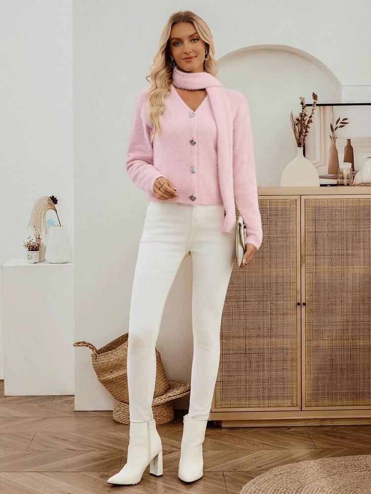 Casual Fashion Versatile Solid Color Button-Up Long Sleeve Women Cardigans Pink Cardigan Fuzzy Cardigan Button Up Cardigan V Neck Cardigan Cardigan With Scarf Sweaters For Women Jerseys For Women Fall Sweaters Pink Sweater Knitted Sweater Going Out Tops Women
