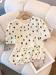 GlowEve CURVE Plus Size Heart Print Elastic Gathered Hem Round Neck Casual Shirt