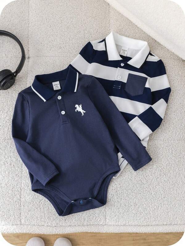 SHEIN 2pcs/Set Newborn Baby Boy Baby Navy Striped Long Sleeve Bodysuit Outfit, Comfortable, Fashionable, Versatile, Casual, Basic Style, Suitable For Indoor, Outdoor, Daily Wear, Sports, Play, Party, Photo Shoot, Holidays, Fall Winter