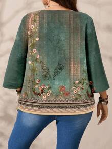 EMERY ROSE Plus Size Women Casual Allover Printed Round Neck Loose 3/4 Sleeve Shirt, Autumn/Winter