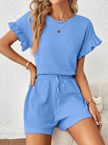 SHEIN Essnce Women's Short Sleeve Top & Elastic Waist Shorts Set, 2pcs - Blue - View 3
