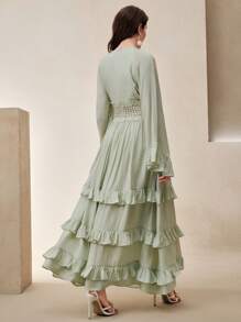 Anewsta Französisches minimalistisches Rüschen V-Ausschnitt Langarm Glockenkleid - Grün - Übersicht 2