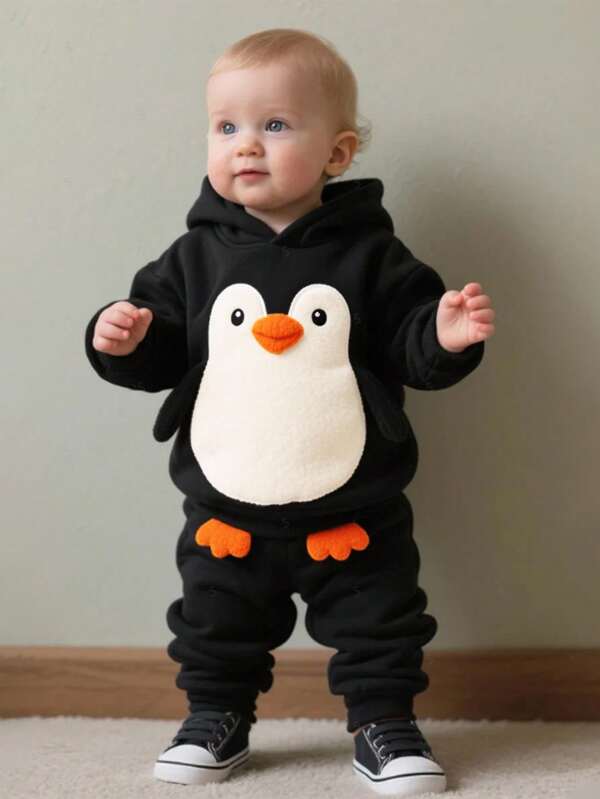 SHEIN Conjunto de 2 piezas para bebé/niño pequeño: sudadera con aplicación y bordado de pingüino lindo, conjunto de top de manga larga y pantalones