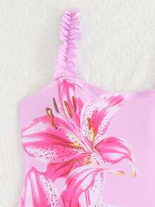 SHEIN Tween Girl Floral Print Spaghetti Strap One-Piece Swimsuit With Solid Color Mesh Skirt