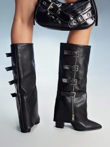 CUCCOO GRLICON Women's Pointed Toe Chunky Heel Over-The-Knee Boots, Y2K Style For Halloween, Christmas, Party Outfits - Black - View 2