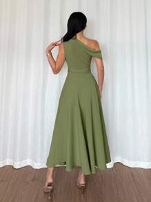 Elenzga 女士优雅奢华正式长裙，不对称领口，荷叶边细节，收腰，A 字廓形，拉链开合，绿色，适合万圣节、圣诞节、国庆节、新年派对、毕业典礼、婚礼、角色扮演 - 橄欖綠 - 查看 2