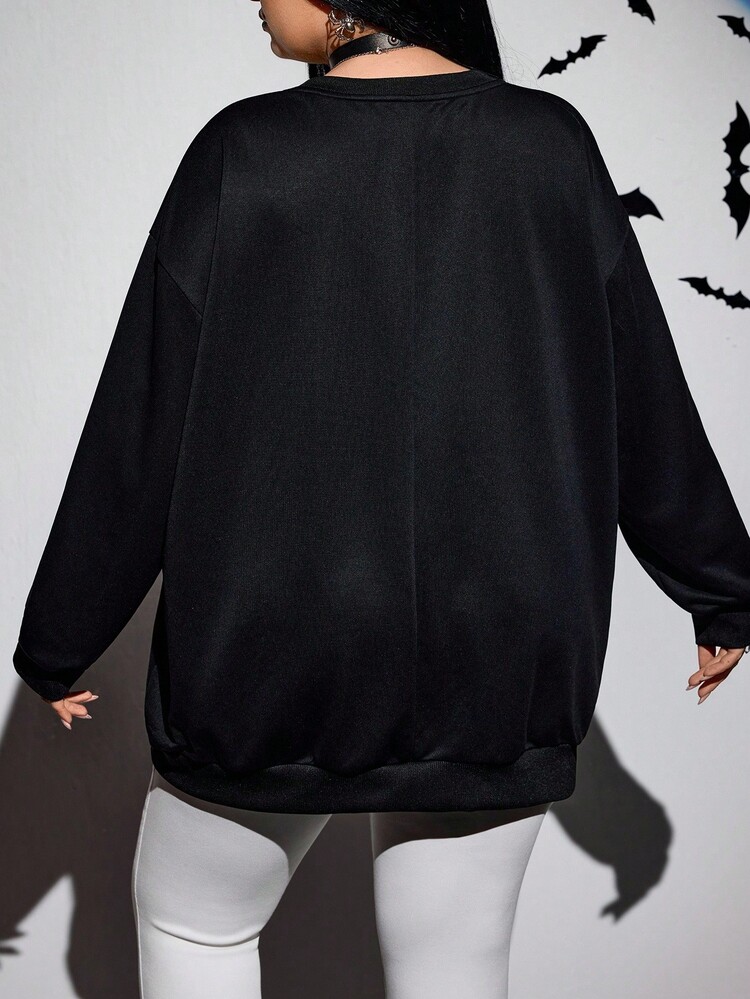 SHEIN CURVE+ Women's Plus Size Casual Punk Halloween Cute Ghost Pattern Loose Fit Round Neck Sweatshirt, Autumn/Winter Sweatshirt Trick Or Teach Sweatshirt/Autumn /Winter - Black - View 2
