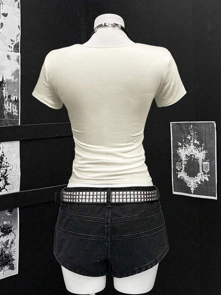 EgrlEra Camiseta de manga corta con estampado punk gris y adornos de rhinestones para mujer - Albaricoque - Añade 2