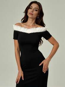 Modelyn Vestido largo ajustado con detalle de volantes de cuentas y hombros descubiertos - Negro - Ver 5
