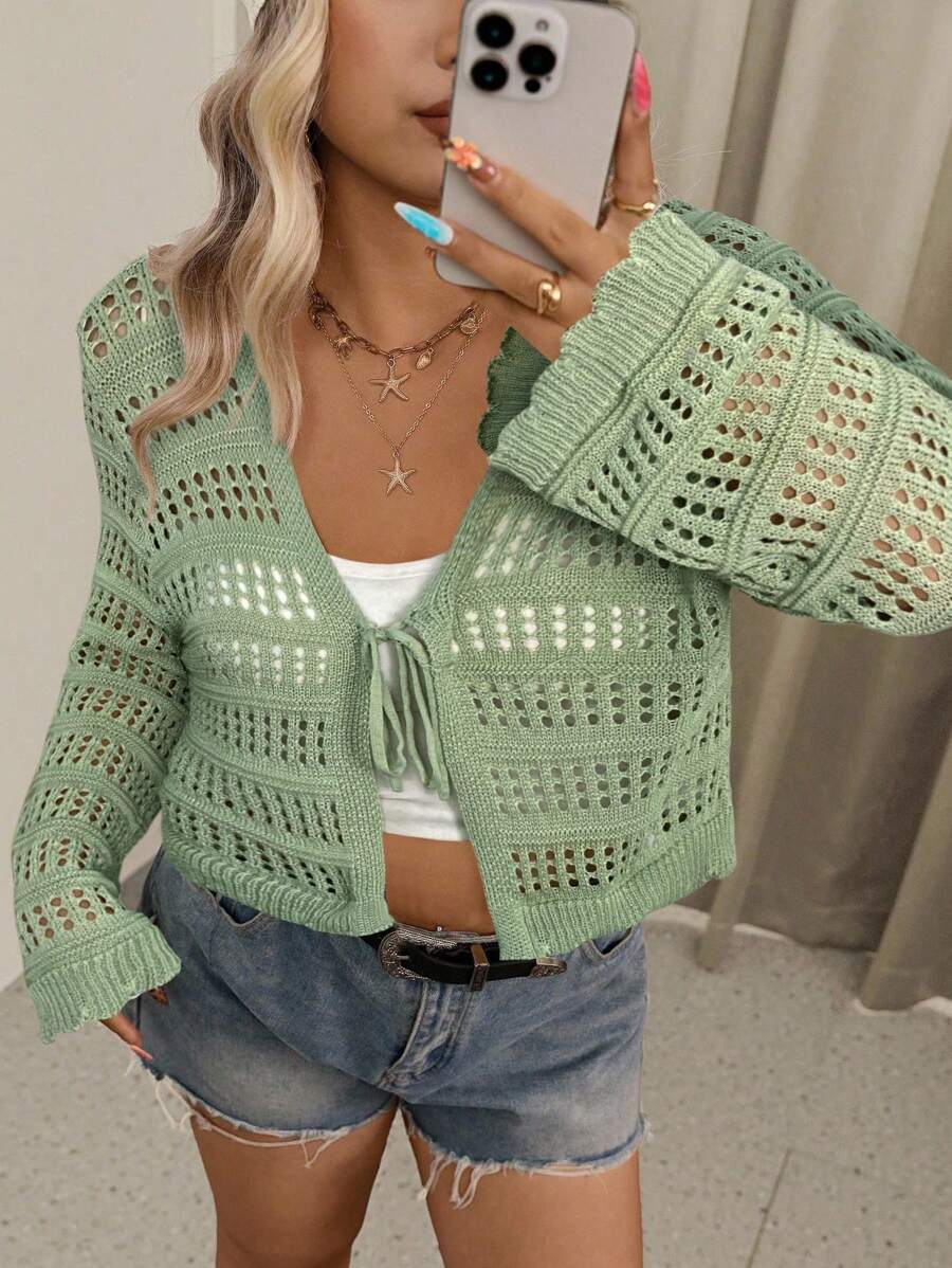 SHEIN VCAY 大码女士度假休闲纯色镂空针织短款开衫、长袖上衣 - 薄荷綠 - 查看 1