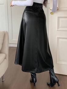 DAZY Falda larga elegante de cintura alta con abertura en A, de piel sintética (PU) para otoño e invierno - Negro - Ver 3
