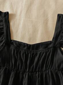 SHEIN TEENGIRL 黑色纹理面料盖袖 A 字衬衫，适合度假、音乐节、波西米亚风、节日、下午茶