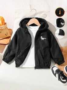 SHEIN 男童连帽羊毛恐龙印花夹克，开学季 - 黑色 - 查看 3