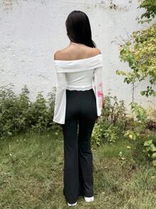 SHEIN 少女优雅花卉印花吊带裙，网眼露肩喇叭形长袖短款上衣，搭配纯黑色喇叭裤，两件套，休闲优雅日常穿着，适合秋冬季 - 白色 - 查看 7