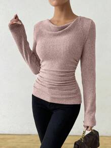 EMERY ROSE 复古不对称垂坠领口拉绒纹理褶饰修身长袖 T 恤罗纹上衣短款上衣毛衣长袖短款上衣短款毛衣女士长袖短款上衣