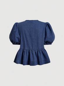 SHEIN X ELOISA & ORSON SHEIN MOD Conjunto de ropa vintage de los años 90 para mujer: camiseta de cuello redondo, blusa corta de mezclilla azul dulce con mangas abullonadas, camisas con lazo, ropa de vuelta al colegio, ropa de otoño, atuendos de crucero para mujer, blusas para mujeres, blusas de otoño, camisa de burbujas, camisa con lazo, camisas escolares, camisa azul claro, camisa de fiesta de graduación, conjunto de cumpleaños