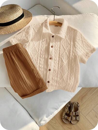 SHEIN 2Pcs Young Boys Casual Collegiate Style Outfit: Soft Hollow Knit Solid Color Round Neck Short Sleeve Cardigan And Contrast Color Turn-Up Hem Comfortable Shorts, Suitable For Spring/Summer, Daily Wear, School, Travel, Holiday, Party Boy Summer Outfit Set Boys Short Sets Boys Summer Short Sleeve Set