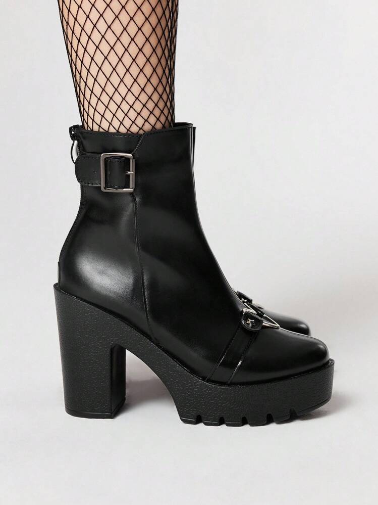 ROMWE Kawaii Women's Gothic Style Round Toe Buckle Decor Platform Chunky Heel Punk Boots, PU Leather Black High Heel Boots Suitable For Party, Daily Wear, Evening Dress, Height Increasing And Leg Lengthening, Halloween - Black - View 3