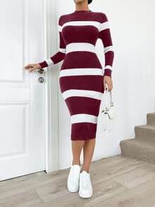 EURMUSE Women's Stand Collar Raglan Sleeve Ribbed Knit Ribbed Red And White Sweater Dress,Winter Dresses - Burgundy - View 4
