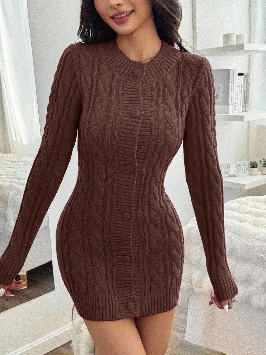 EURMUSE Weihnachts-Pelzkragen Zopfstrick Bodycon Pulloverkleid - Braun - Übersicht 1