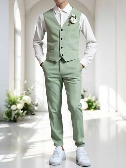 SHEIN 2pcs/Set Teen Boy Gentleman Outfit - Slim Fit Mint Green Vest + Texture Long Trousers, Elegant Formal Suit For Birthday, Wedding, Graduation Party, Wedding Guest, Pageboy, Ring Bearer