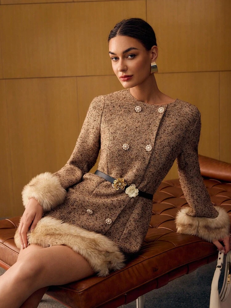 TWEED AUTUMN/WINTER CONTRAST FAUX FUR WOOL BLEND MINI DRESS