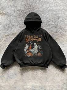 INAWLY 秋冬宽松落肩长袖女式标语和幽灵印花连帽衫套头衫秋季