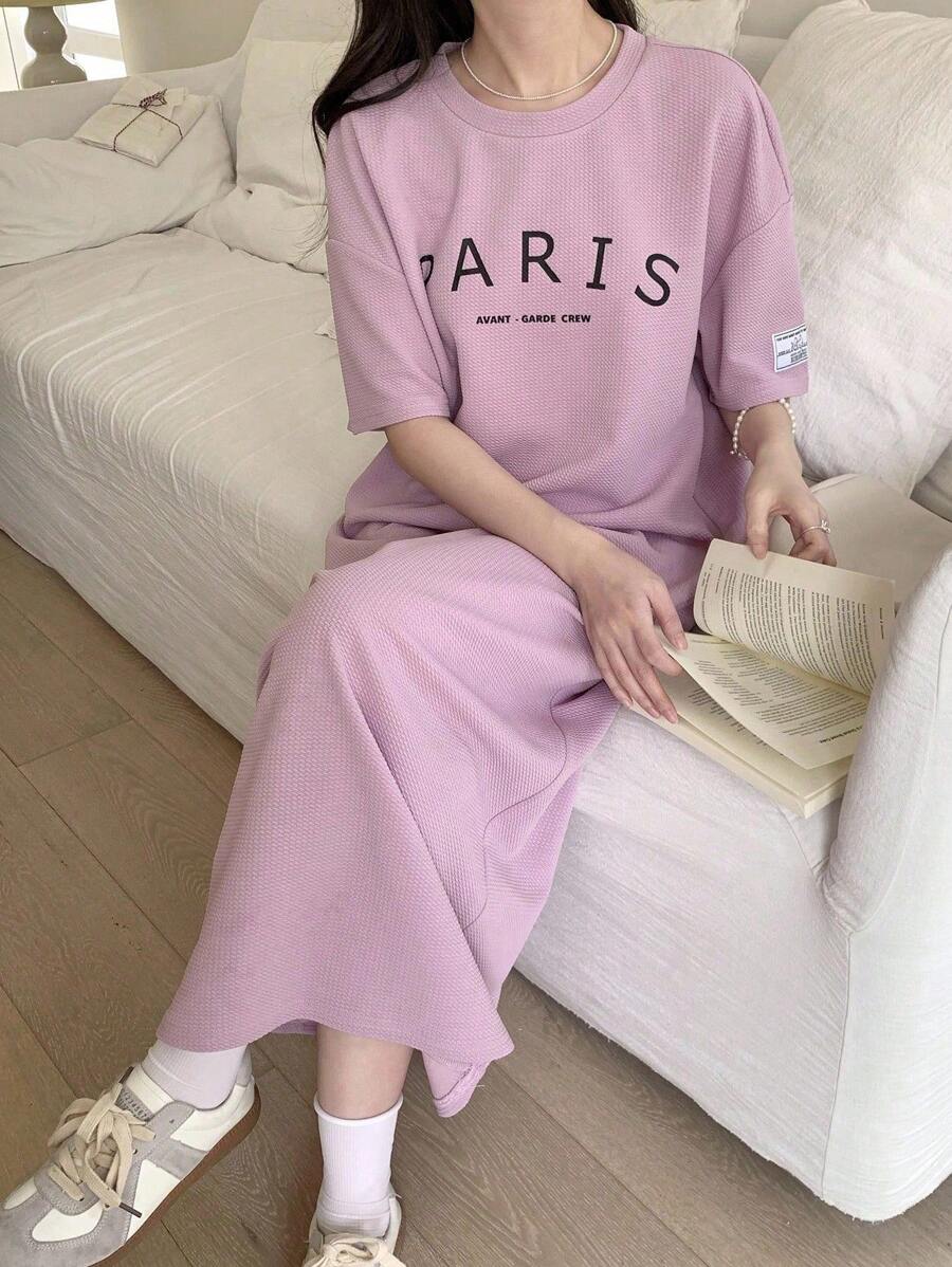 Váy suông rộng rãi in chữ màu tím nhạt cho bé gái tuổi mới lớn, thoải mái và đa năng cho mọi ngày và mọi dịp - Màu tím hoa cà - Xem 1