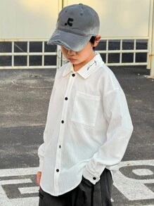 SHEIN 青少年男童休闲韩版字母印花图案翻领前开襟长袖宽松梭织纯色衬衫，适合通勤、上学、日常休闲、旅行、运动、春夏秋冬