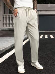 Manfinity Homme Pantalones rectos casuales de cintura con cordón y bolsillo de unicolor - Gris Claro - Ver 1