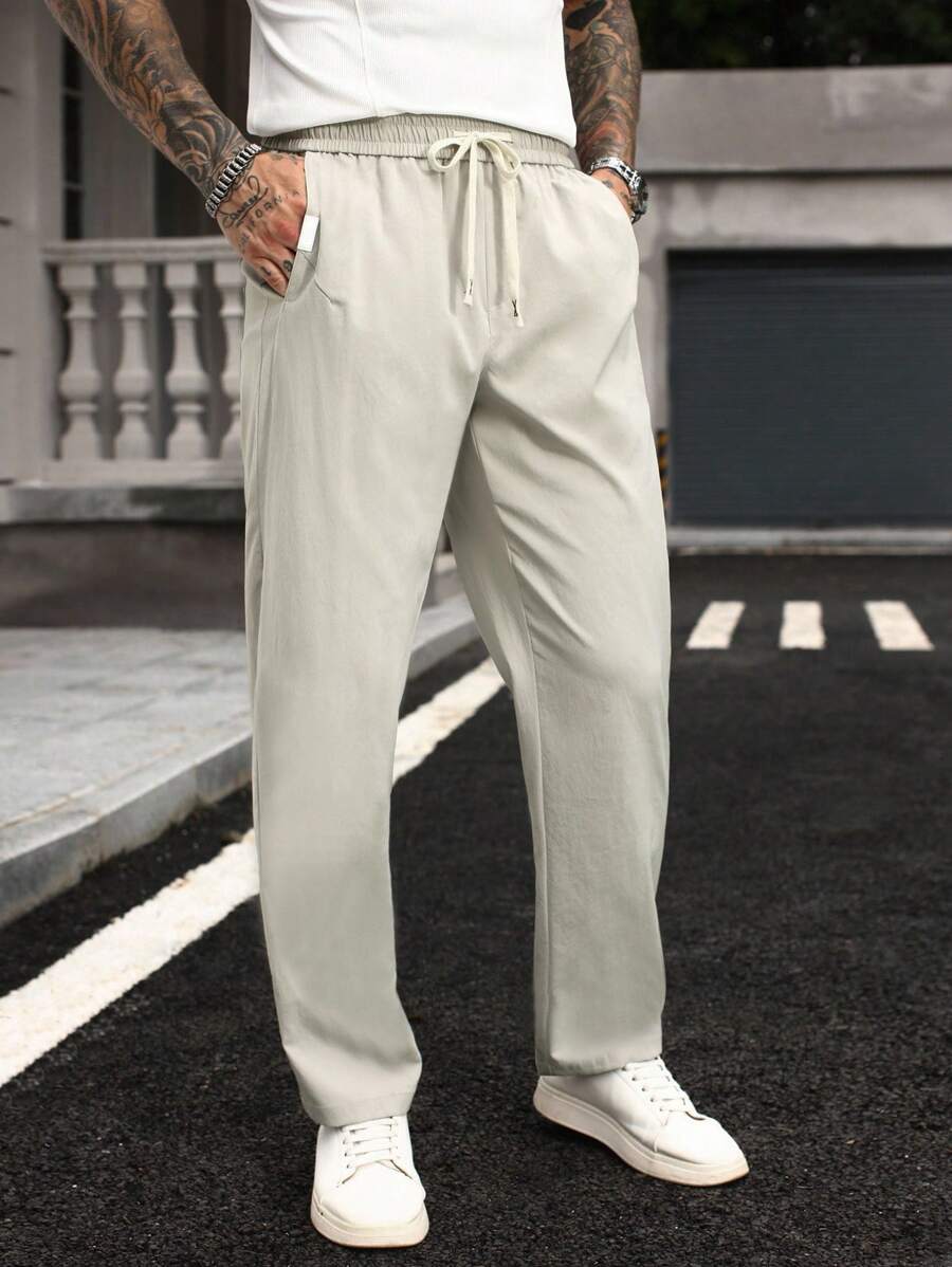 Manfinity Homme Pantalones rectos casuales de cintura con cordón y bolsillo de unicolor - Gris Claro - Ver 1