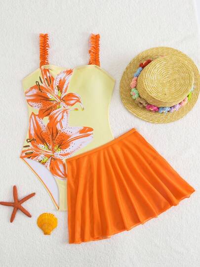 SHEIN Tween Girl Floral Print Color Block Spaghetti Strap One-Piece Swimsuit With Solid Color Mesh Skirt