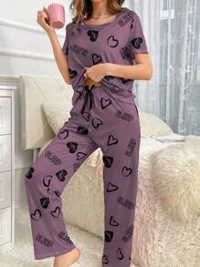 女士心形和字母印花短袖T恤和裤子睡衣套装紫色睡衣套装女士睡衣套装可爱睡衣套装心形睡衣套装舒适睡衣套装 - 彩色 - 查看 6
